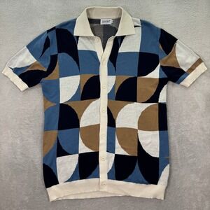 OXKNIT Mens 2XL Short Sleeve Button Front Knit Shirt Geometric Blue Cream EUC